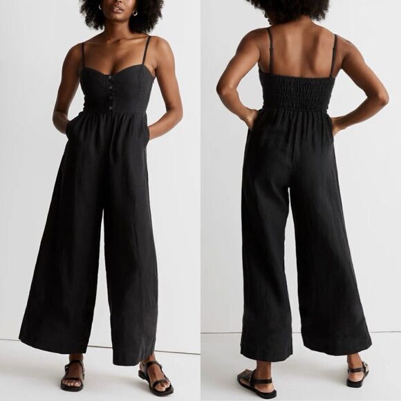 MADEWELL Jumpsuit Women 4 Black Sleeveless Wide-Leg NEW 100% Linen NL437 - Picture 1 of 14